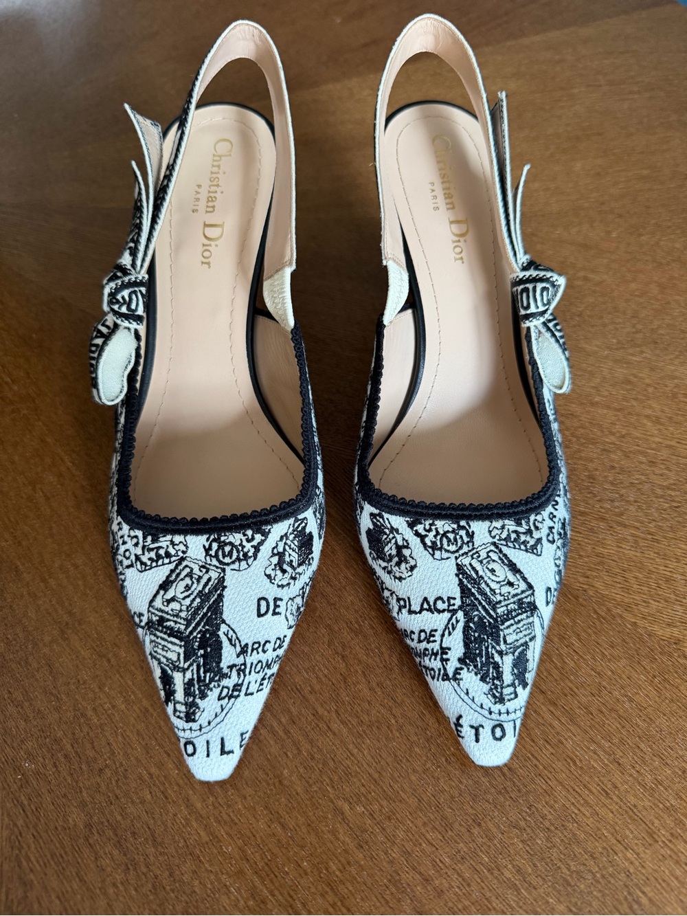 Dior Black & White Printed Pointed Slingback Pumps - Picture 2 of 16